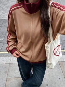 Comfortcana Autumn 2026 Casual Y2K Halloween Festival School Going Out Everyday Vintage Style Contrast Brown Side Jacket - Khaki - View 5