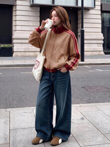Comfortcana Autumn 2026 Casual Y2K Halloween Festival School Going Out Everyday Vintage Style Contrast Brown Side Jacket - Khaki - View 3