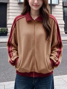 Comfortcana Autumn 2026 Casual Y2K Halloween Festival School Going Out Everyday Vintage Style Contrast Brown Side Jacket - Khaki - View 1