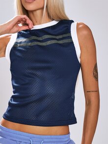 MUSERA Contrast Colour Hem Mesh Striped Fitted Sleeveless Tank Top Cute Back To School Daily Holiday Casual Streetwear Varsity Workout Gym Summer - Navy Blue - View 2