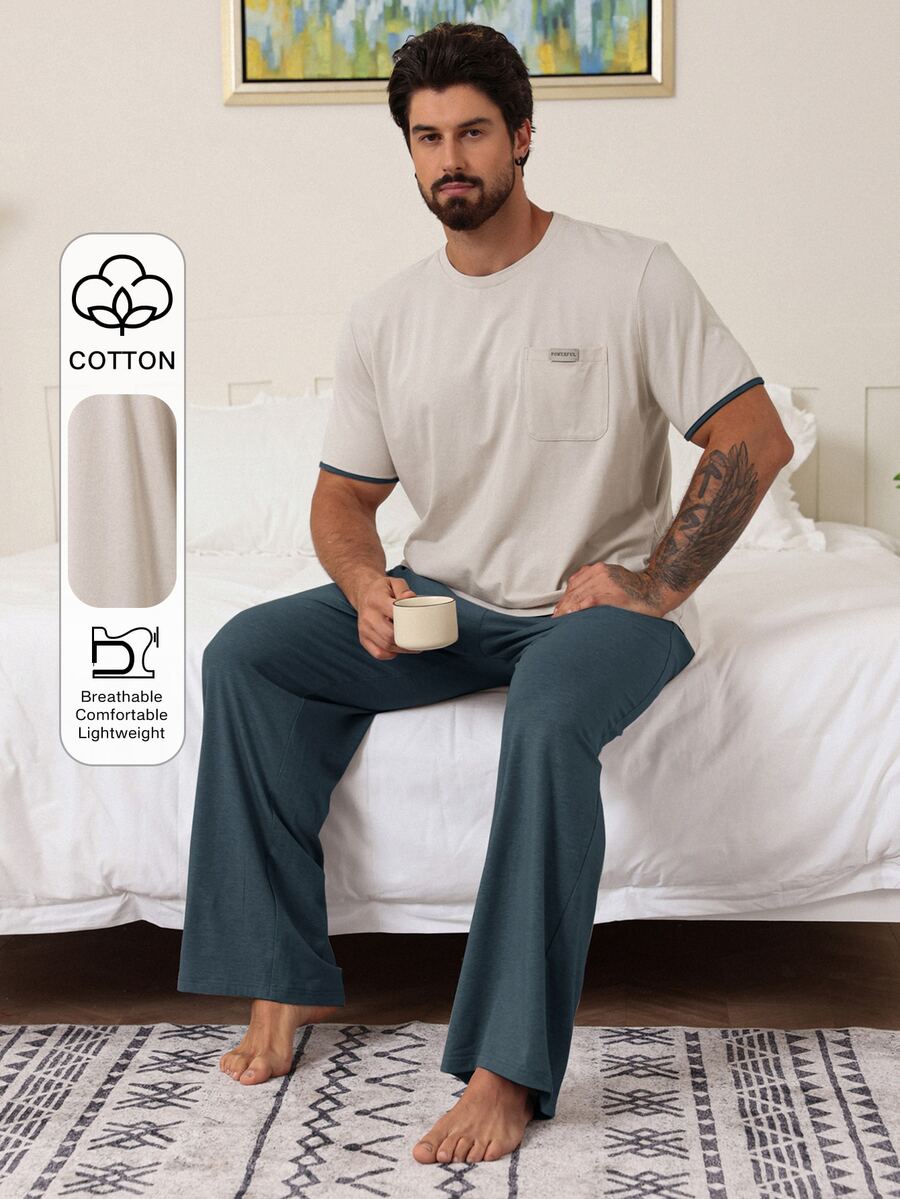 DAZY Men's Solid Color Tee And Loungewear Set, Spring/Summer Pajamas - Royal Blue - View 1