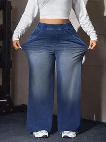Flexra Women Plus Size Elastic Straight Leg Denim Jeans With Elastic Waistband - Medium Wash - View 3
