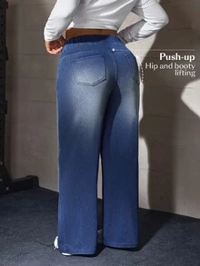 Flexra Women Plus Size Elastic Straight Leg Denim Jeans With Elastic Waistband - Medium Wash - View 2