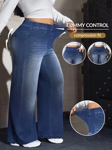Flexra Women Plus Size Elastic Straight Leg Denim Jeans With Elastic Waistband - Medium Wash - View 1