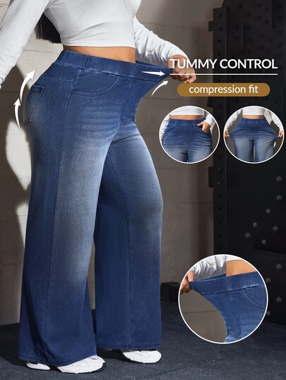 Flexra Women Plus Size Elastic Straight Leg Denim Jeans With Elastic Waistband