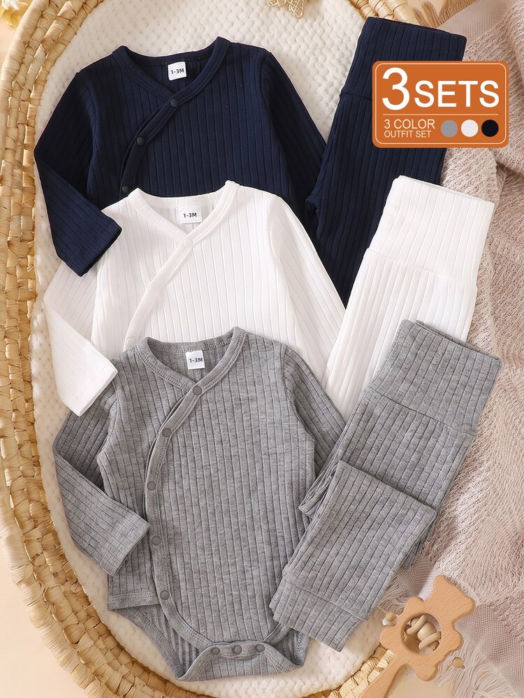 SHEIN 6pcs Newborn Baby Kimono Bodysuit Leggings Set Cute Navy White Grey Ribbed Side Snap Wrap Long Sleeve V Neck Regular Daily Fall Cozy Solid - Multicolor - View 1