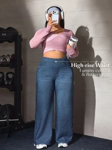 Flexra Fall Casual Straight Leg Stretchy Denim Daily Wear Washed Comfortable Plus Size Jeans For Women - Blue - View 13