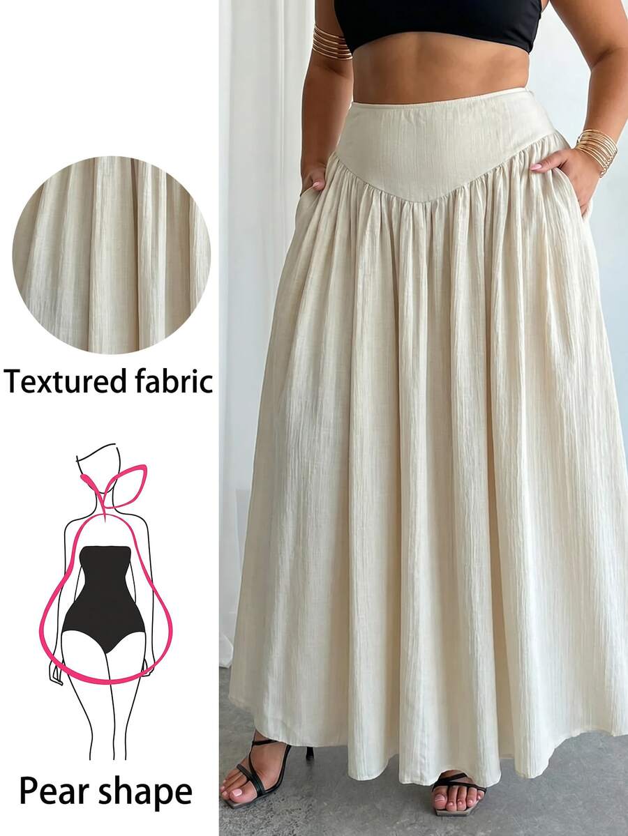 SHEIN Tall CURVE Plus Size Women's Spring Pleated Waist A-Line Skirt With Real Pockets - Apricot - View 1