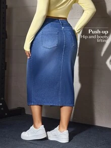Flexra Plus Size Women's Elastic Casual Bodycon Split Hem Elastic Waist Denim Mini Skirt - Light Wash - View 2