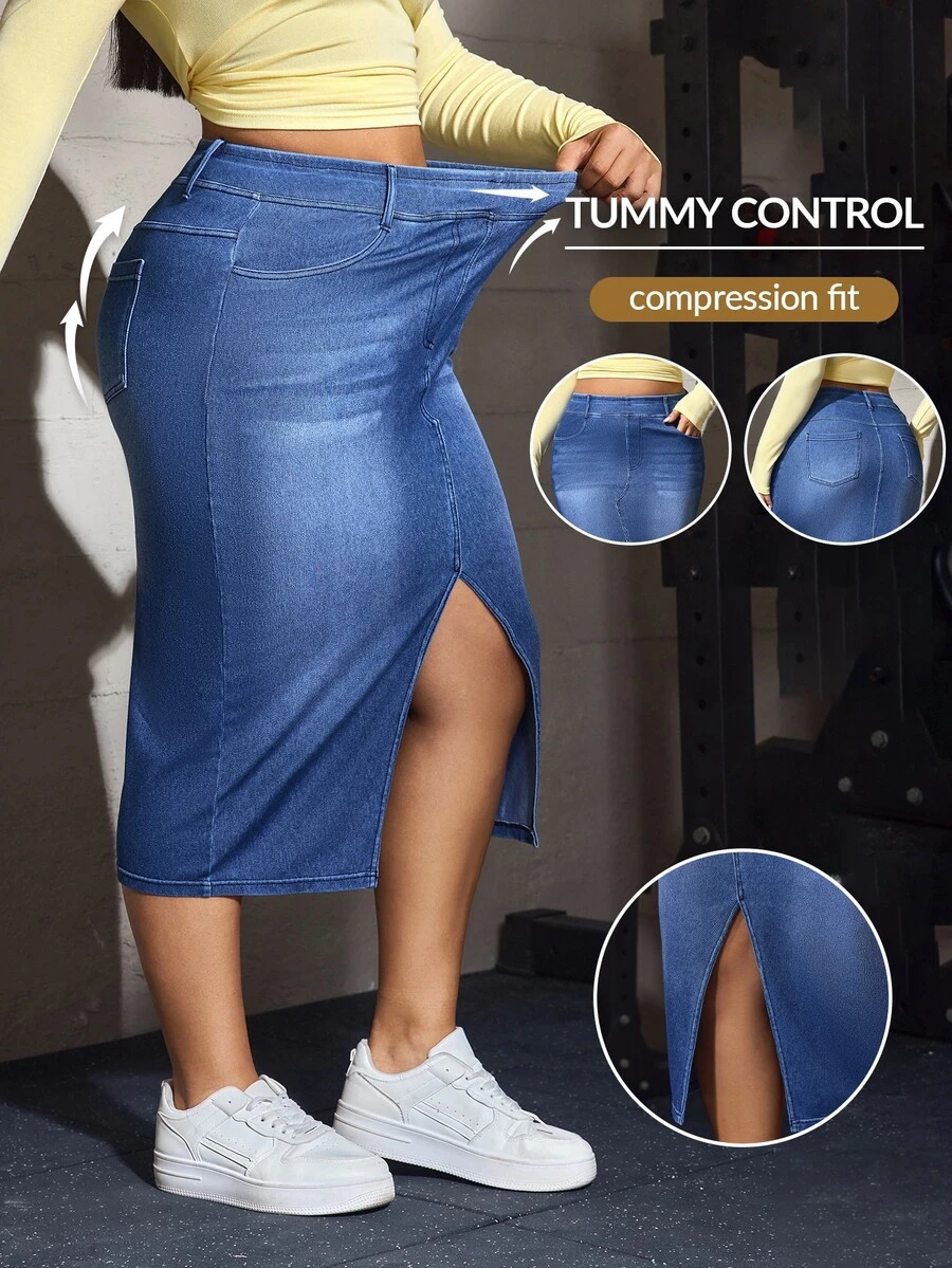 Flexra Plus Size Women's Elastic Casual Bodycon Split Hem Elastic Waist Denim Mini Skirt - Light Wash - View 1