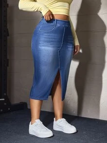Flexra Plus Size Women's Elastic Casual Bodycon Split Hem Elastic Waist Denim Mini Skirt - Light Wash - View 4