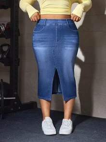 Flexra Plus Size Women's Elastic Casual Bodycon Split Hem Elastic Waist Denim Mini Skirt - Light Wash - View 7