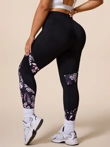 SHEIN Rhythm Era Plus Size Botanical Print Patchwork High Waist Seamless Sports Leggings - Multicolor - View 2