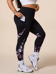 SHEIN Rhythm Era Plus Size Botanical Print Patchwork High Waist Seamless Sports Leggings - Multicolor - View 5