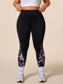 SHEIN Rhythm Era Plus Size Botanical Print Patchwork High Waist Seamless Sports Leggings - Multicolor - View 4