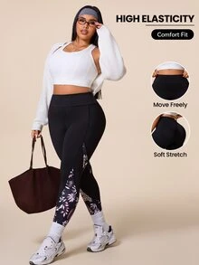 SHEIN Rhythm Era Plus Size Botanical Print Patchwork High Waist Seamless Sports Leggings - Multicolor - View 1