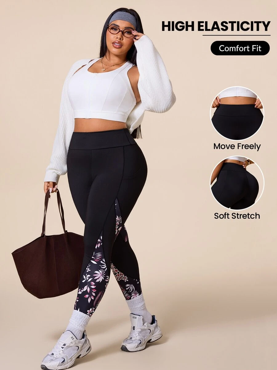 SHEIN Rhythm Era Plus Size Botanical Print Patchwork High Waist Seamless Sports Leggings - Multicolor - View 1