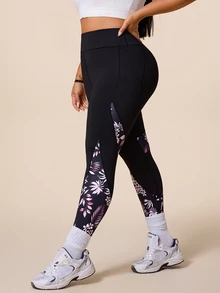 SHEIN Rhythm Era Plus Size Botanical Print Patchwork High Waist Seamless Sports Leggings - Multicolor - View 3