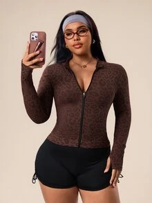 Rhythm Era Jaket Wanita Ukuran Besar Tanpa Jahitan Motif Leopard Lengan Panjang dengan Resleting, Jaket Olahraga dengan Resleting, Atasan Olahraga untuk Wanita Berlekuk, Atasan Olahraga Panjang dengan Resleting Depan, Warna Cokelat - Coffee Brown - View 4