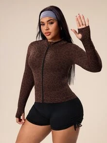 Rhythm Era Jaket Wanita Ukuran Besar Tanpa Jahitan Motif Leopard Lengan Panjang dengan Resleting, Jaket Olahraga dengan Resleting, Atasan Olahraga untuk Wanita Berlekuk, Atasan Olahraga Panjang dengan Resleting Depan, Warna Cokelat - Coffee Brown - View 5
