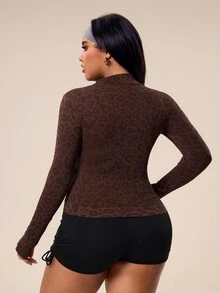 Rhythm Era Jaket Wanita Ukuran Besar Tanpa Jahitan Motif Leopard Lengan Panjang dengan Resleting, Jaket Olahraga dengan Resleting, Atasan Olahraga untuk Wanita Berlekuk, Atasan Olahraga Panjang dengan Resleting Depan, Warna Cokelat - Coffee Brown - View 3