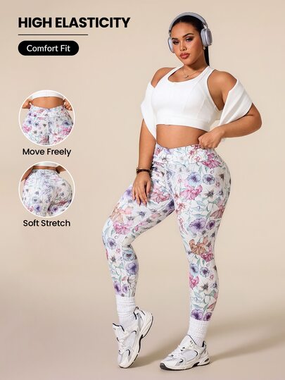 Rhythm Era Women's Plus Size Floral Print High Waist Athletic Leggings