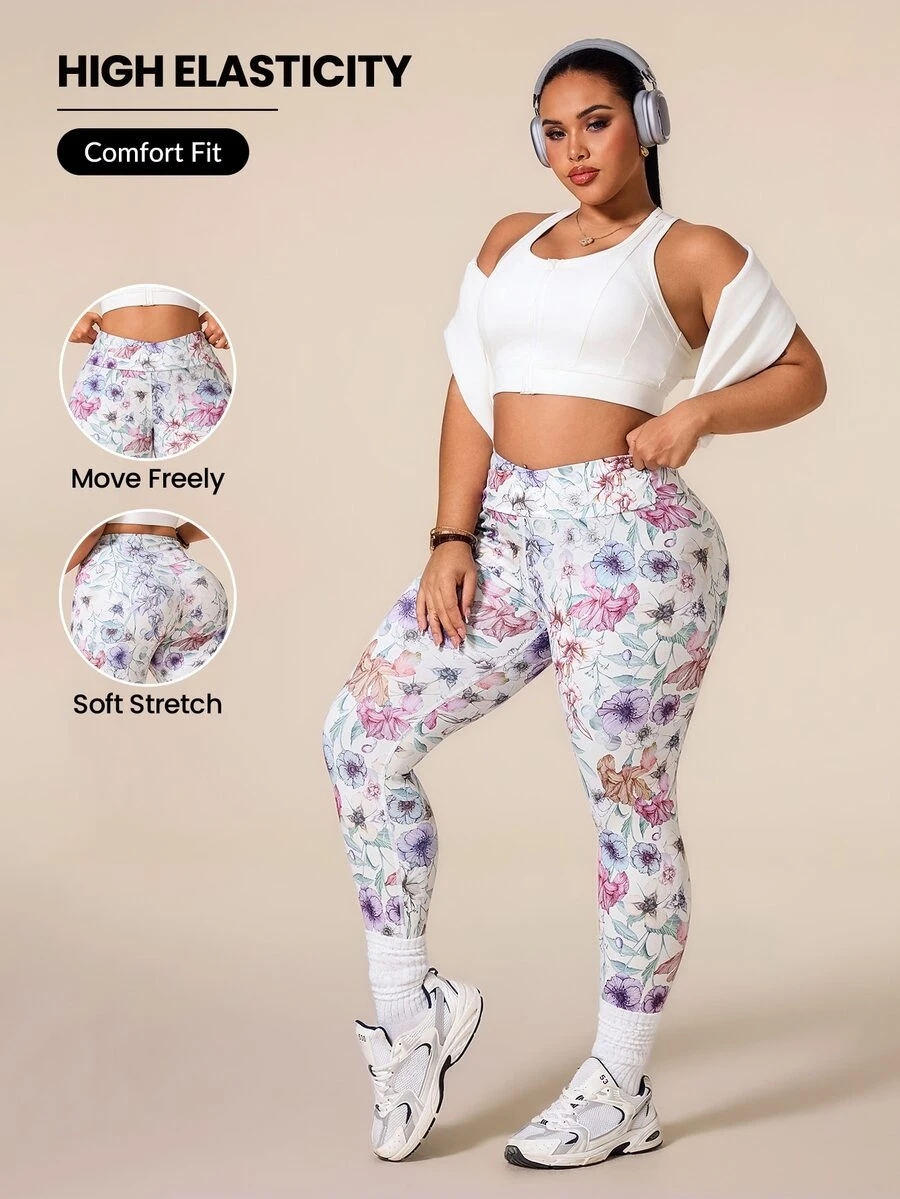 Rhythm Era Women's Plus Size Floral Print High Waist Athletic Leggings - Multicolor - View 1