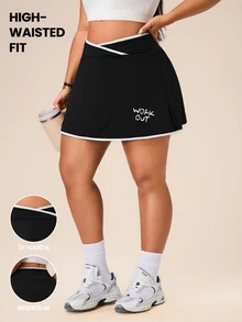 SHEIN Rhythm Era Women's Plus Size Criss-Cross Waist Letter Print Colorblock Pocket Sports Skort - Black - View 8