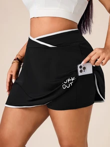 SHEIN Rhythm Era Women's Plus Size Criss-Cross Waist Letter Print Colorblock Pocket Sports Skort - Black - View 6