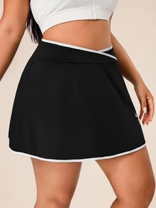 SHEIN Rhythm Era Women's Plus Size Criss-Cross Waist Letter Print Colorblock Pocket Sports Skort - Black - View 5
