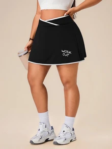 SHEIN Rhythm Era Women's Plus Size Criss-Cross Waist Letter Print Colorblock Pocket Sports Skort - Black - View 7