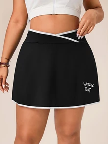 SHEIN Rhythm Era Women's Plus Size Criss-Cross Waist Letter Print Colorblock Pocket Sports Skort - Black - View 4