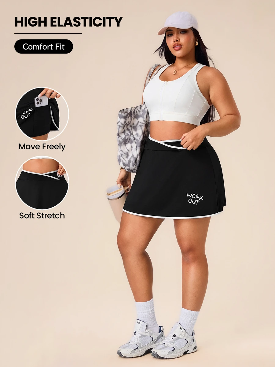 SHEIN Rhythm Era Women's Plus Size Criss-Cross Waist Letter Print Colorblock Pocket Sports Skort - Black - View 1