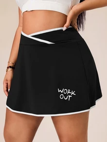 SHEIN Rhythm Era Women's Plus Size Criss-Cross Waist Letter Print Colorblock Pocket Sports Skort - Black - View 3