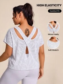 SHEIN Rhythm Era Casual Versatile Plus Size Orange Color-Changing Jacquard Fabric Backless Short Sleeve Sports T-Shirt - White - View 1