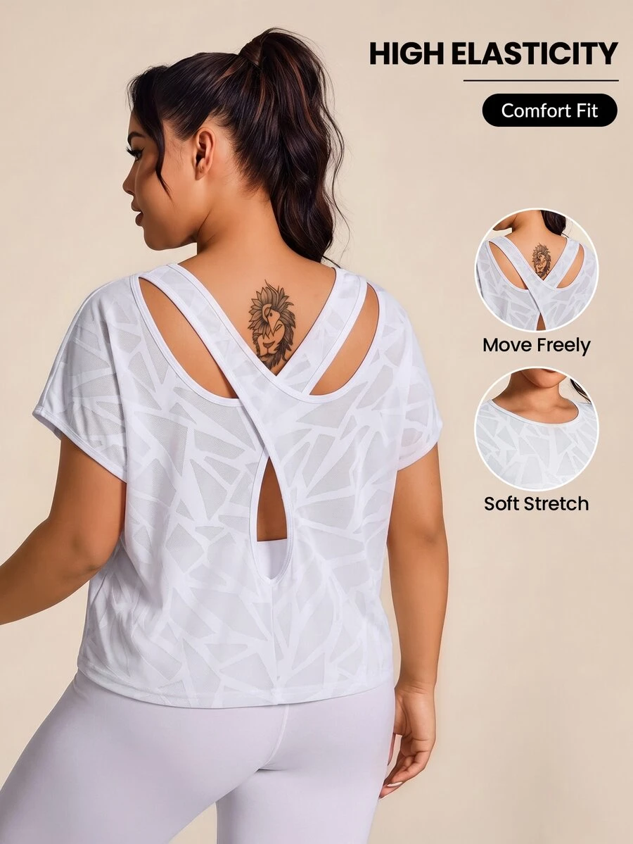 SHEIN Rhythm Era Casual Versatile Plus Size Orange Color-Changing Jacquard Fabric Backless Short Sleeve Sports T-Shirt - White - View 1