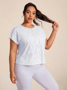 SHEIN Rhythm Era Casual Versatile Plus Size Orange Color-Changing Jacquard Fabric Backless Short Sleeve Sports T-Shirt - White - View 3