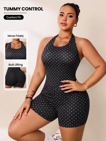 SHEIN Rhythm Era 2PCS Women's Spring/Summer Sports Set, Black Polka Dot Print Fitted Halter Neck Square Neckline Top And Regular Waist Fitted Shorts, Running Yoga Gym