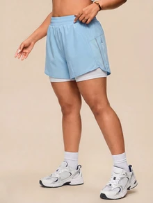 SHEIN Rhythm Era Women's Plus Size Elastic Waist Casual Double Layer Sports Shorts - Multicolor - View 4