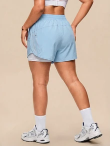 SHEIN Rhythm Era Women's Plus Size Elastic Waist Casual Double Layer Sports Shorts - Multicolor - View 2