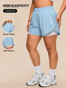 SHEIN Rhythm Era Women's Plus Size Elastic Waist Casual Double Layer Sports Shorts - Multicolor - View 1