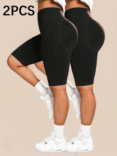 SHEIN Rhythm Era 2件/包 女款大尺碼無縫純色收腹運動短褲，彈性氨綸，適合騎行、健身房，黑色夏季款