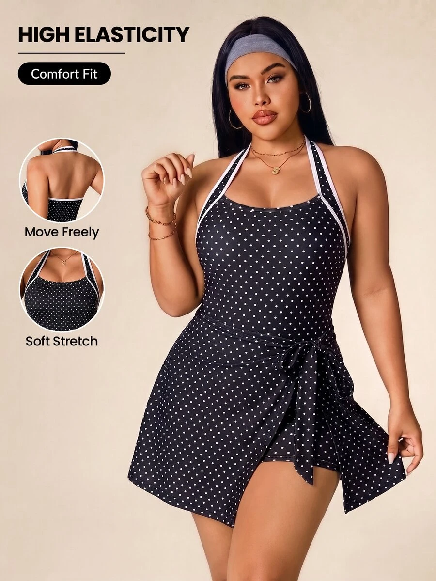 SHEIN Rhythm Era Đầm thể thao nữ size lớn mùa xuân/hè phối màu họa tiết đen, cổ yếm, hở lưng, thắt dây trước, có quần short bên trong, có túi, tập gym, tennis - màu đen - Xem 1