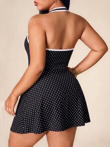 SHEIN Rhythm Era Đầm thể thao nữ size lớn mùa xuân/hè phối màu họa tiết đen, cổ yếm, hở lưng, thắt dây trước, có quần short bên trong, có túi, tập gym, tennis - màu đen - Xem 2
