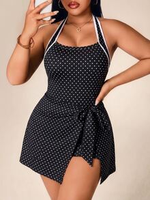 SHEIN Rhythm Era Đầm thể thao nữ size lớn mùa xuân/hè phối màu họa tiết đen, cổ yếm, hở lưng, thắt dây trước, có quần short bên trong, có túi, tập gym, tennis - màu đen - Xem 6