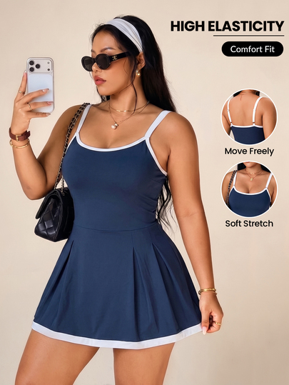 SHEIN Rhythm Era Vestido Esportivo Feminino Primavera/Verão, Tênis, Azul Marinho com Blocos de Cor, Alças Finas Ajustáveis, Bainha, Shorts Embutidos com Bolsos, Pickleball