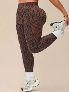 SHEIN Rhythm Era Women's Plus Size Seamless Coffee Brown Leopard Print Mesh Sports Leggings Yoga Pants - Multicolor - View 4