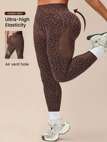 SHEIN Rhythm Era Women's Plus Size Seamless Coffee Brown Leopard Print Mesh Sports Leggings Yoga Pants - Multicolor - View 2