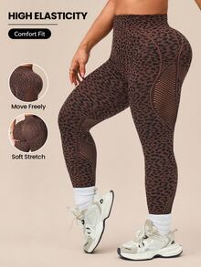 SHEIN Rhythm Era Women's Plus Size Seamless Coffee Brown Leopard Print Mesh Sports Leggings Yoga Pants - Multicolor - View 1