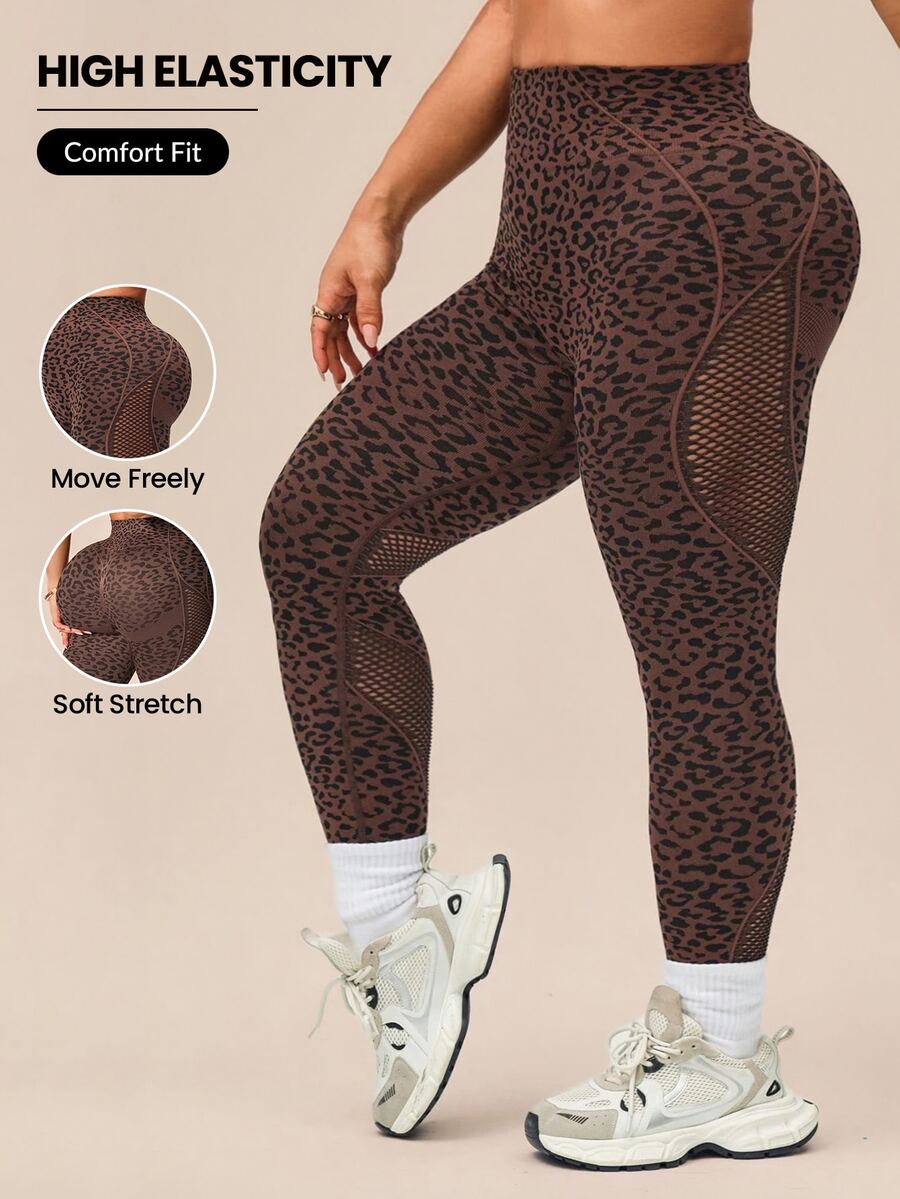 SHEIN Rhythm Era Women's Plus Size Seamless Coffee Brown Leopard Print Mesh Sports Leggings Yoga Pants - Multicolor - View 1